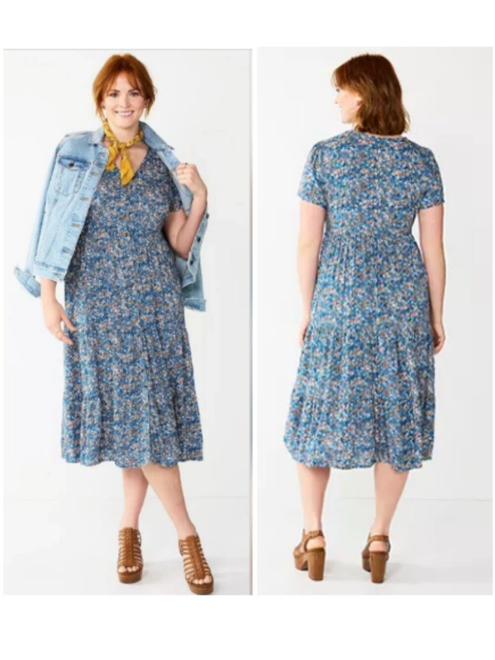 Sonoma Garden Size L Rayon Floral Tiered Midi Dress V-Neck Button Cottagecore